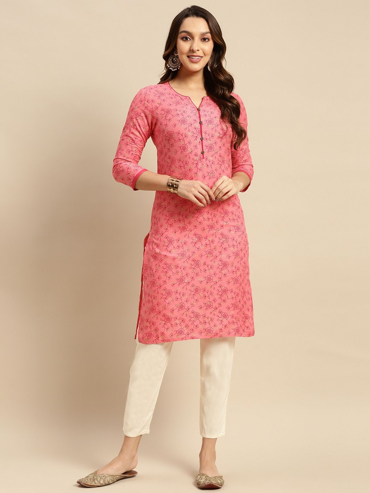     			Rangita Women Rayon Pink Floral Printed Knee Length Straight Kurti