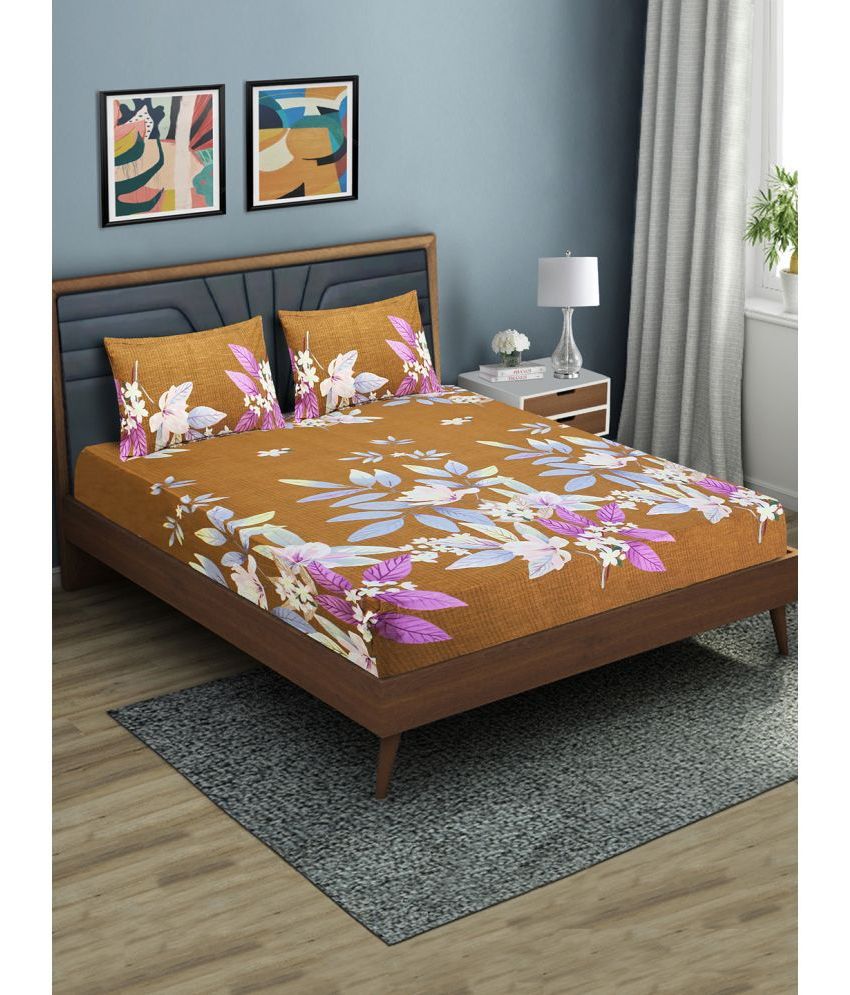     			Home Candy Microfiber Floral Double Bedsheet with 2 Pillow Covers-Brown