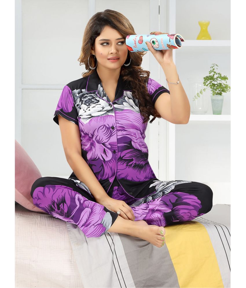     			FOMTI - Purple Satin Women's Nightwear Nightsuit Sets ( Pack of 1 )