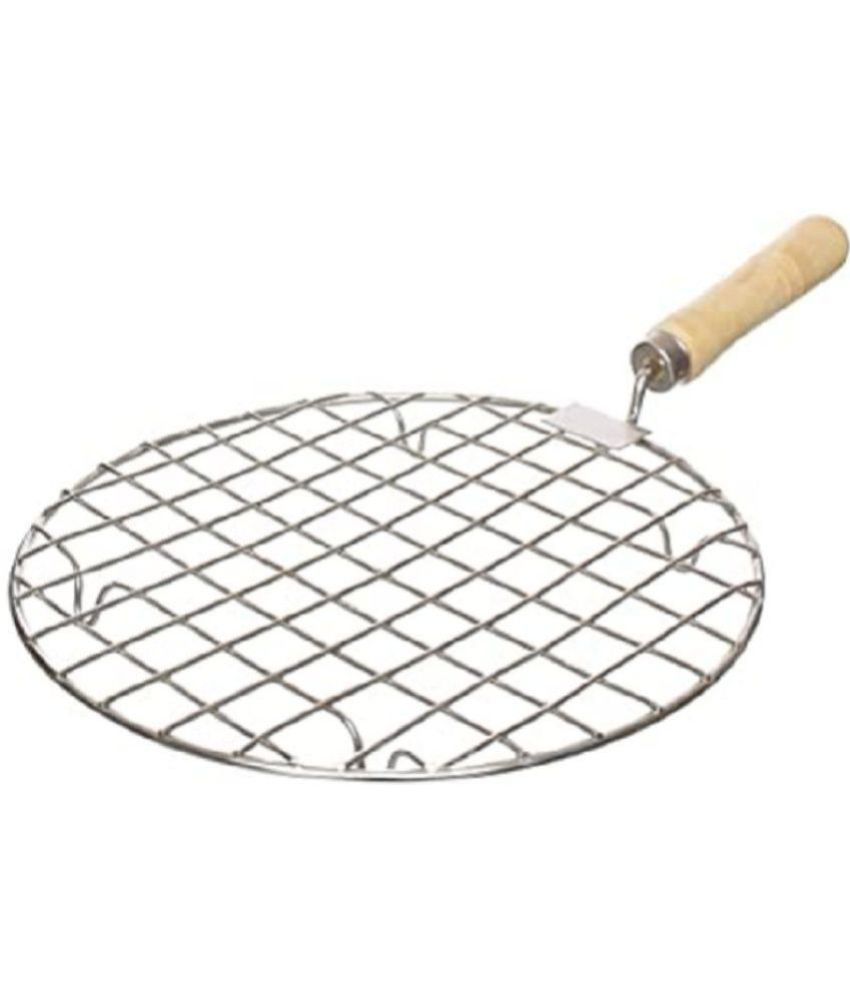     			HOMETALES Stainless Steel Round Papad Jali, Roti Roast Grill with Wooden Handle (1U)