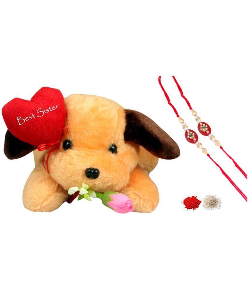     			Tickles Best Sister Heart Dog with Rakhi for Brother Gift Soft Stuffed Plush Animal for Raksha Bandhan(Color: Yellow & Red Size: 25 cm)