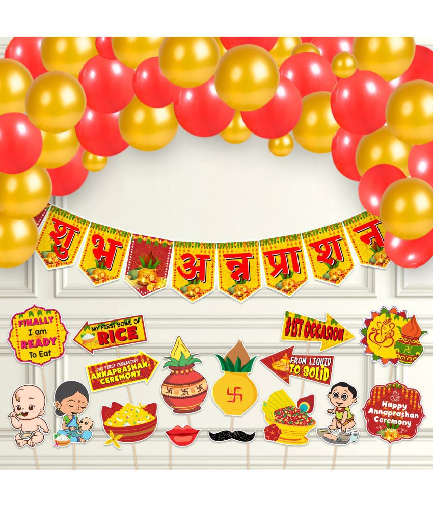     			Zyozi 16 Pcs Annaprasanam Photo Booth Props with 1 Set Rice Ceremony Banner and 20 pcs Balloon/Annaprashan Decoration Items/Baby Photoshoot Props for Rice Ceremony