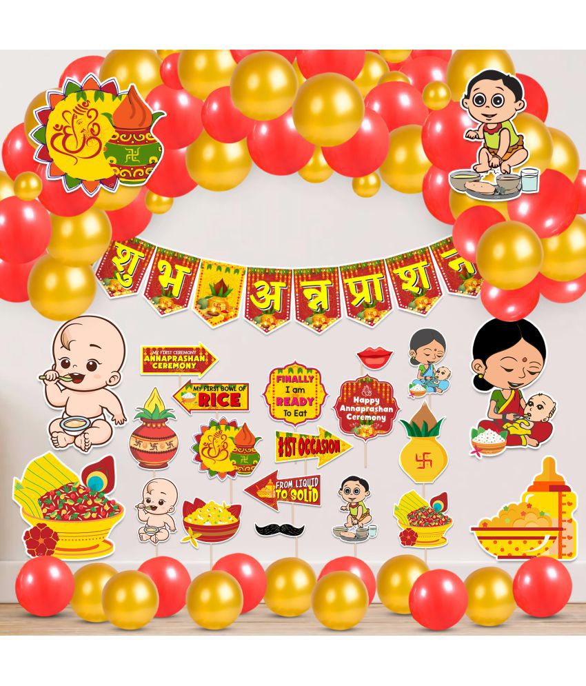     			Zyozi Annaprasanam Cardstock Cutout with Annaprasanam Bunting Banner Hindi Font Shubh Annaprashan Gold & Red Color Font and Balloon,Photo Booth Props (Pack of 65)