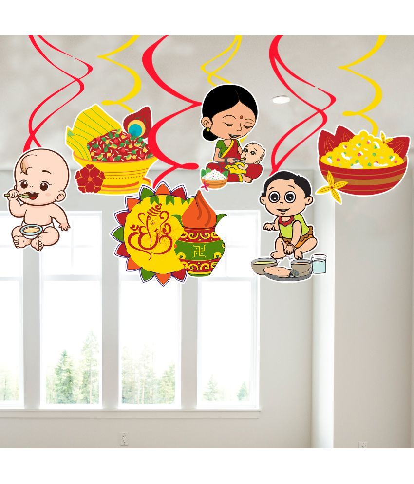     			Zyozi Annaprasanam Hanging Swirls/Annaprashan Decoration Items/Rice Ceremony Decorations Items/Rice Ceremony Hanging Swirls/Baby Photoshoot Props for Rice Ceremony (Pack of 6)