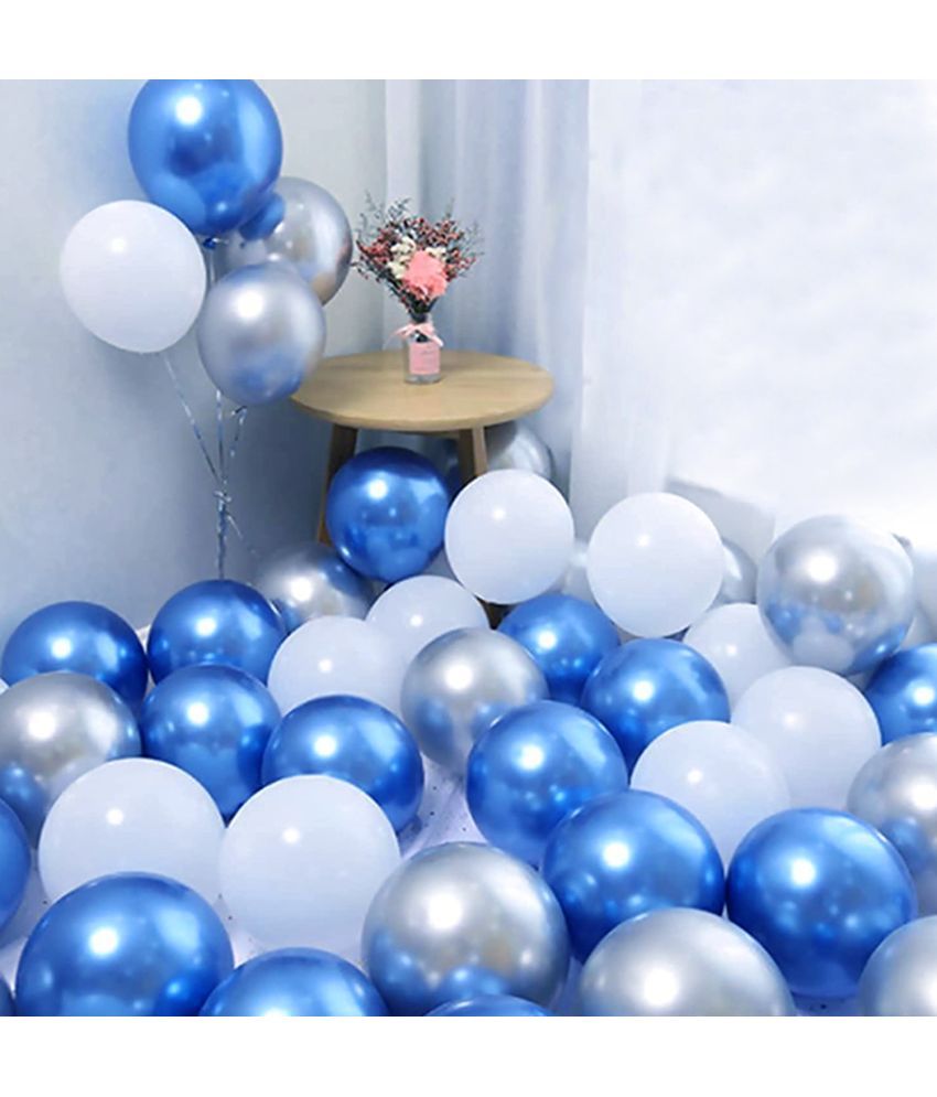     			Zyozi Blue Silver White Metallic Balloons Latex Balloons 10 Inch Helium Balloons with Ribbon for Birthday Graduation Baby Shower Wedding Anniversary Party Decorations, (Pack of 52)