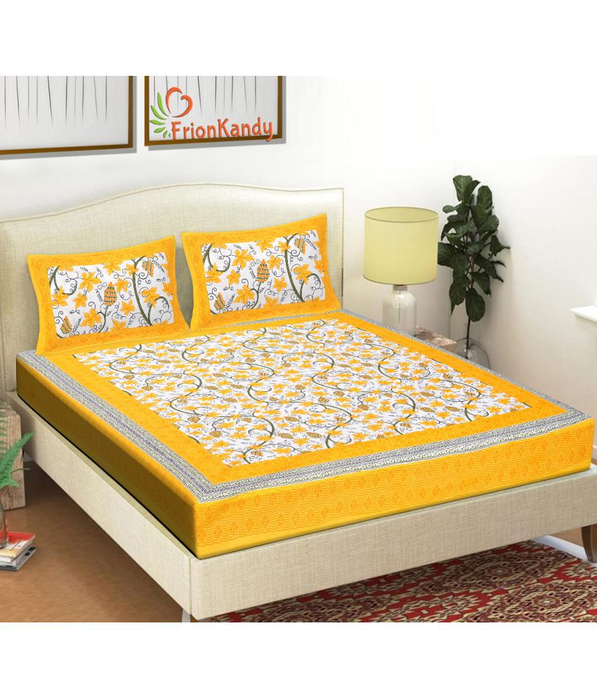     			FrionKandy Living Cotton Abstract Double Bedsheet with 2 Pillow Covers - Yellow