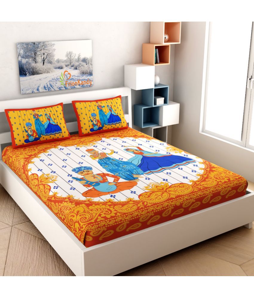     			FrionKandy Living Cotton Abstract Double Bedsheet with 2 Pillow Covers - Orange