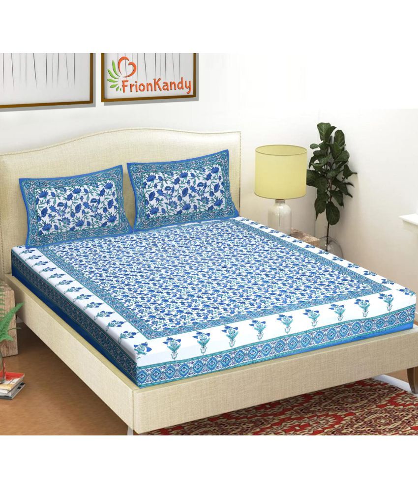     			FrionKandy Living Cotton Abstract Double Bedsheet with 2 Pillow Covers - Blue