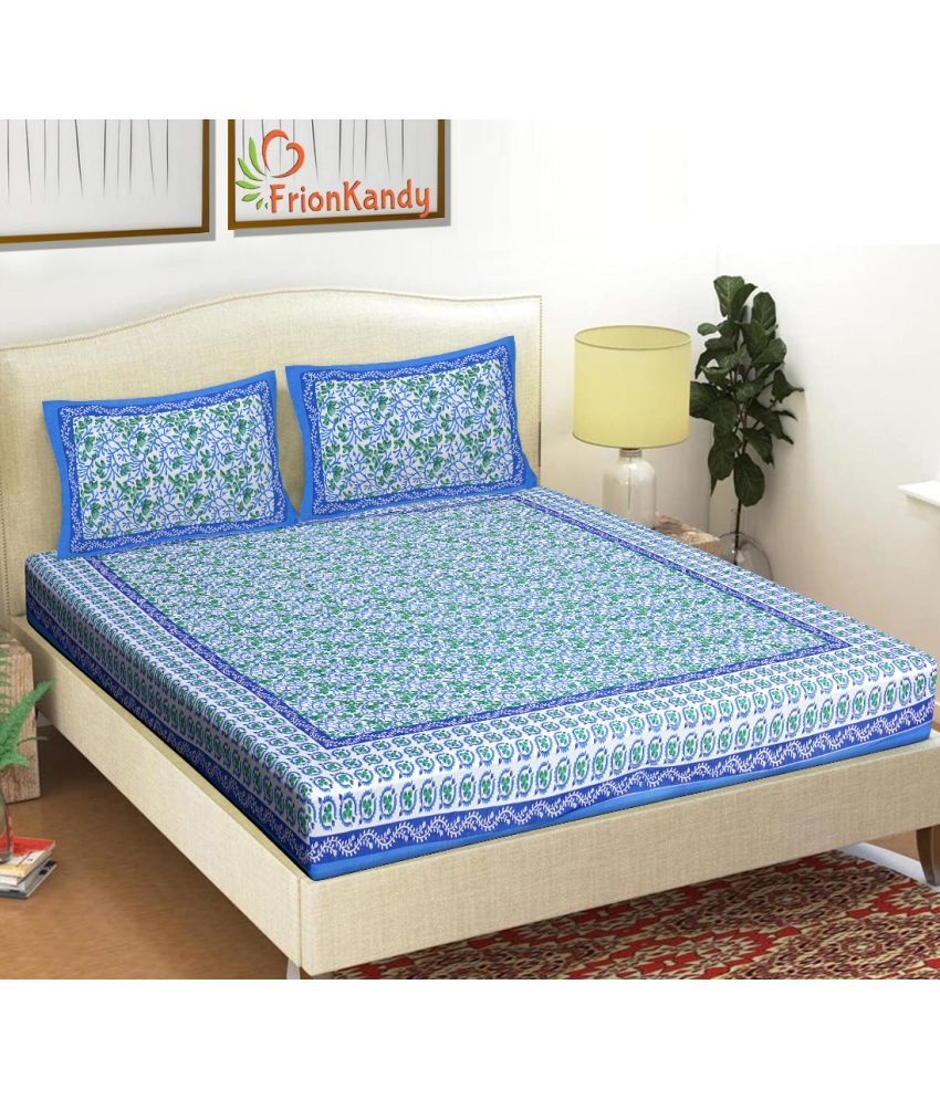     			FrionKandy Living Cotton Abstract Double Bedsheet with 2 Pillow Covers - Blue