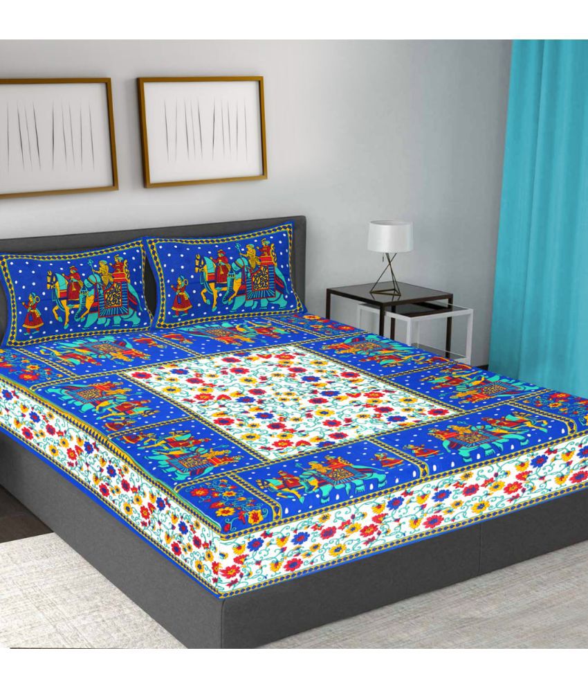 FrionKandy Living Cotton Abstract Double Bedsheet with 2 Pillow Covers - Blue
