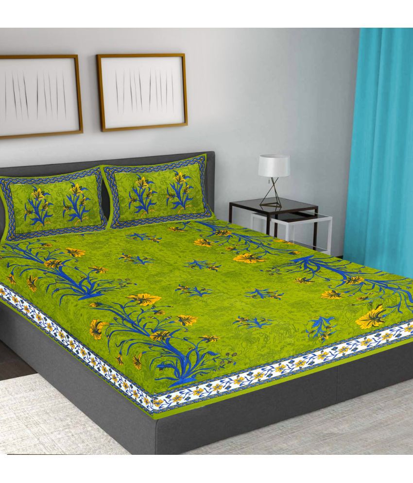     			FrionKandy Living Cotton Abstract Double Bedsheet with 2 Pillow Covers - Green