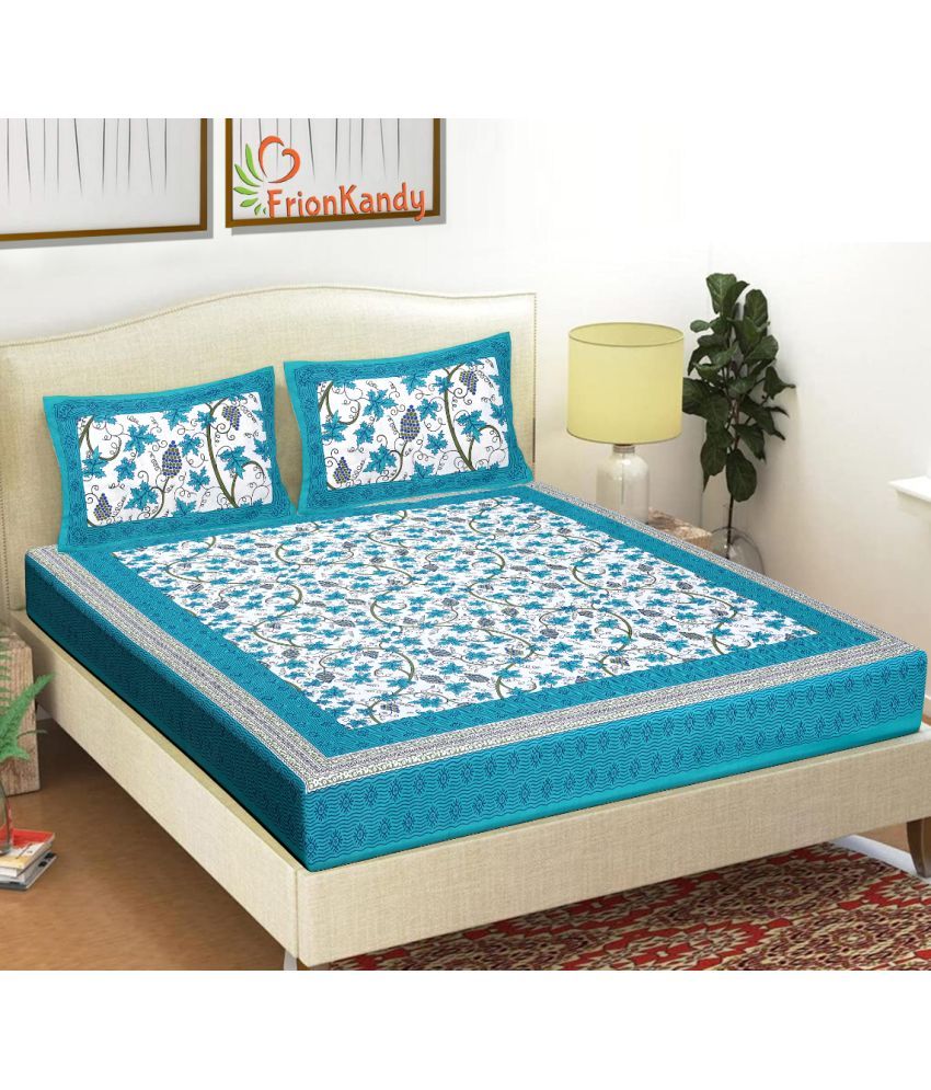     			FrionKandy Living Cotton Abstract Double Bedsheet with 2 Pillow Covers - Turquoise