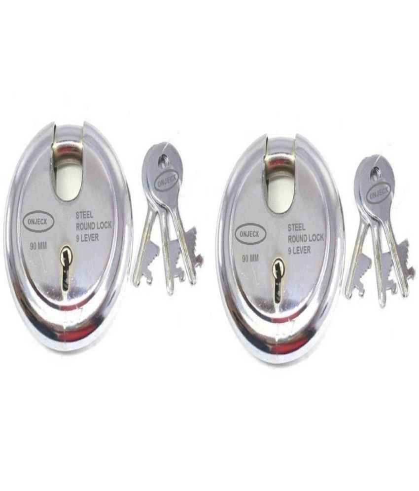     			Onjecx Steel High Quality Primium range Lock 9 Levers 90 mm Heavy Duty Padlock , Sutter lock, Round lock Long life Durable with 3 Keys for Main Gate, Office Door, Shop Shutter, Pack of 2 pcs (RPL90)