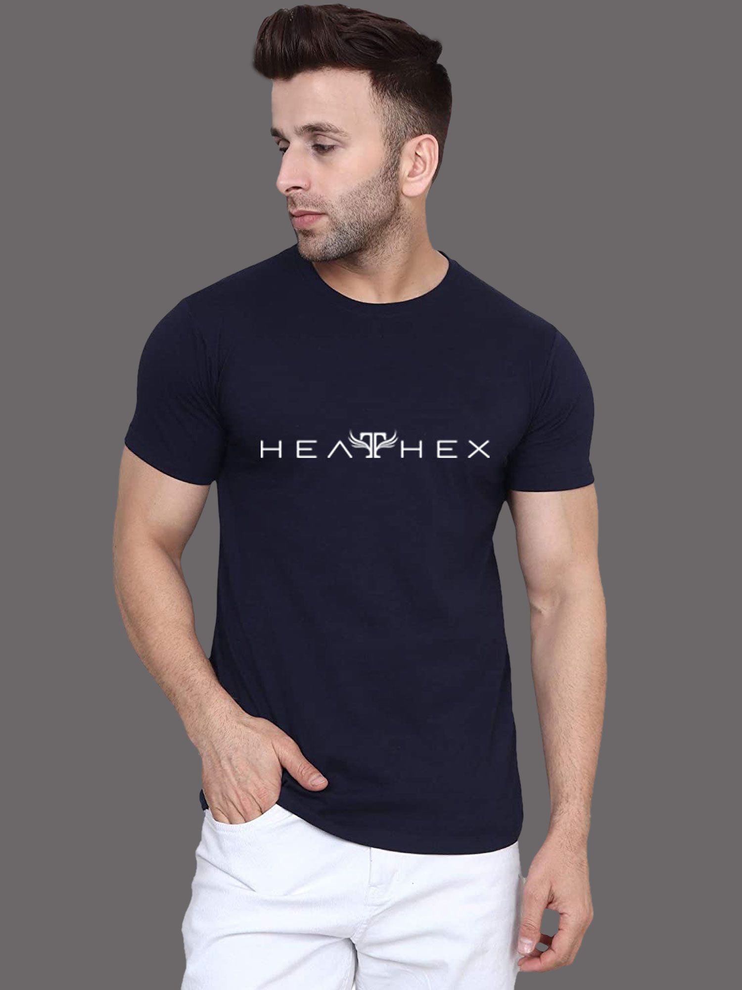     			Heathex - Navy Blue Cotton Blend Regular Fit Men's T-Shirt ( Pack of 1 )