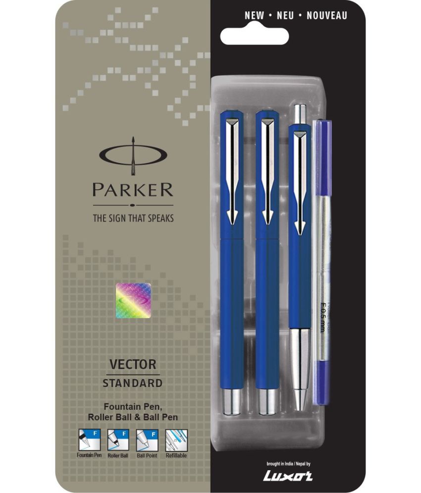     			Parker Vector Standard Triple Blue Body (Fountain Pen+Roller Ball Pen+Ball Pen) Pen Gift Set