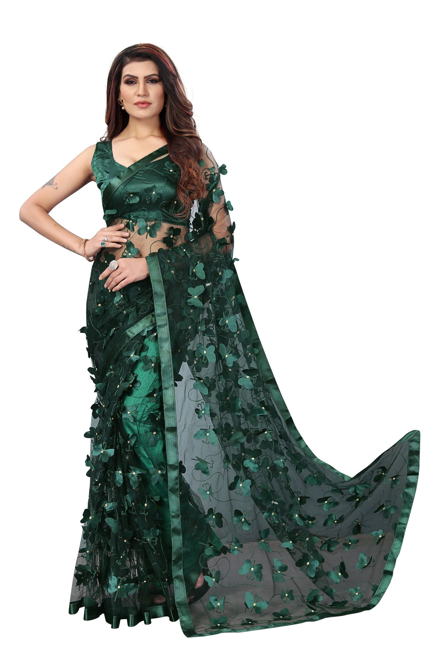     			Apnisha - Green Net Saree With Blouse Piece ( Pack of 1 )