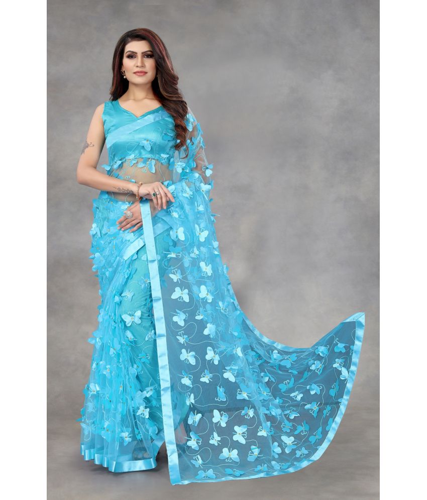     			Apnisha - Turquoise Net Saree With Blouse Piece ( Pack of 1 )