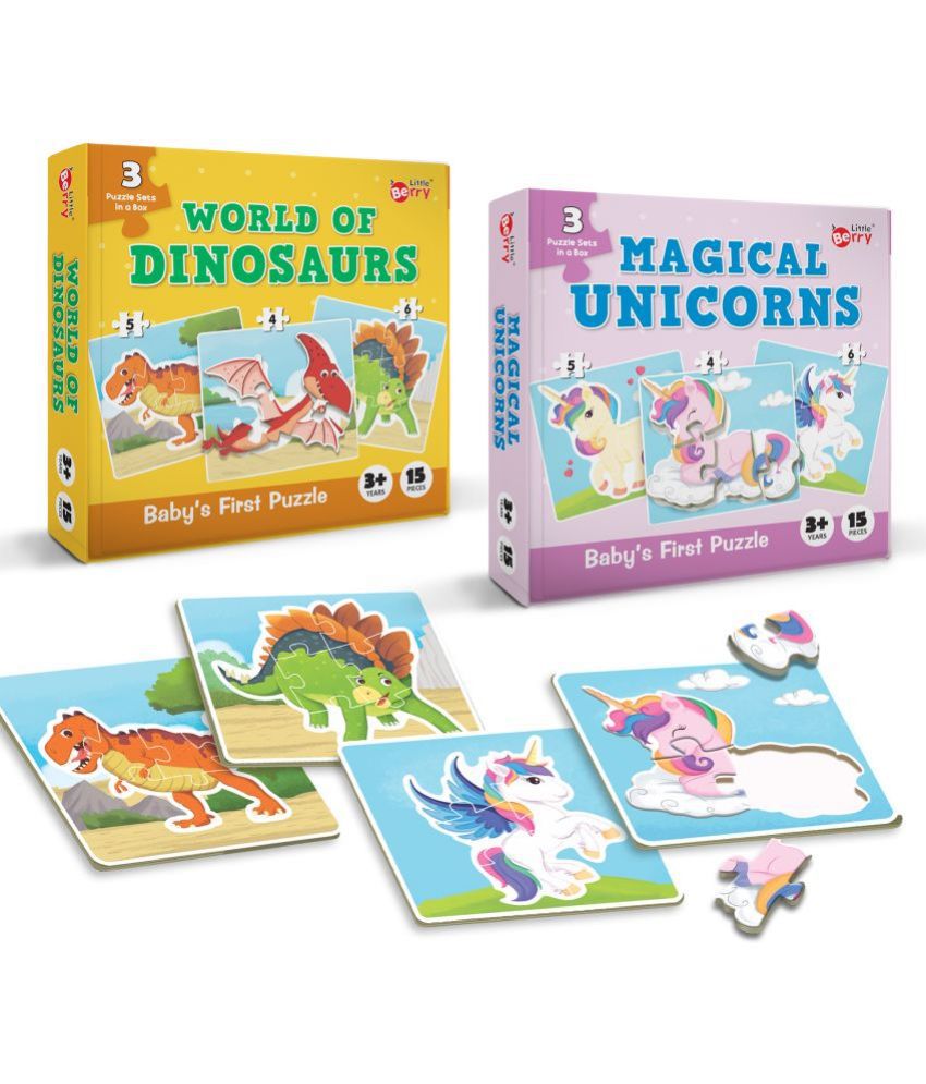     			Little Berry Baby’s First Jigsaw Puzzle Set of 2 for Kids: World of Dinosaurs and Magical Unicorns - 15 Puzzle Pieces Each