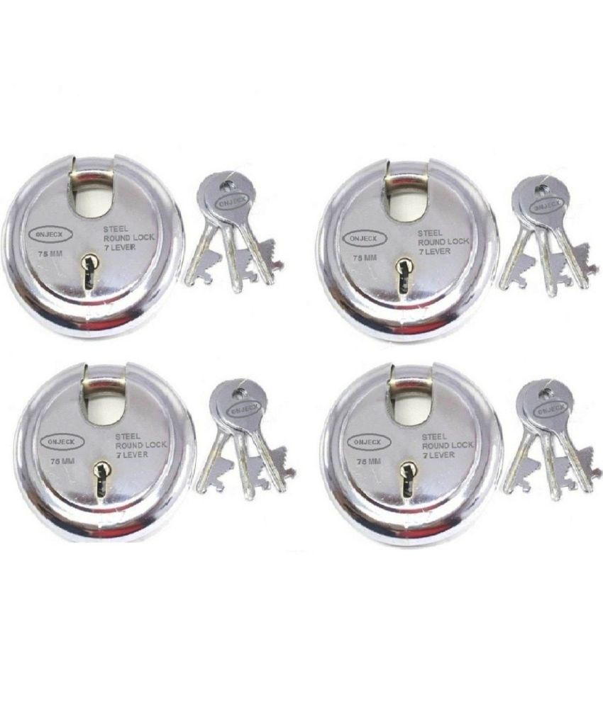     			Onjecx Steel Primium Range Lock 7 Levers 75 mm Heavy Duty Padlock , Sutter Lock, Round Lock Long Life Durable with 3 Keys for Main Gate, Office Door, Shop Shutter Pack of 4 pcs (RPL75 A)