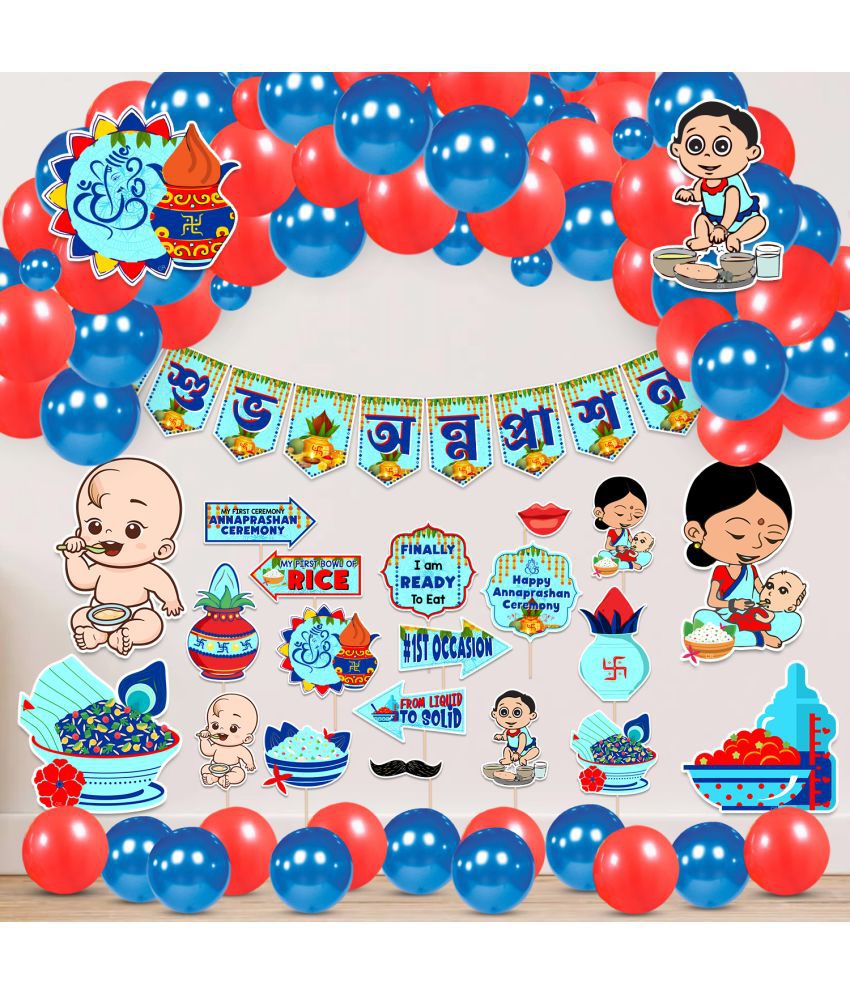     			Zyozi Blue Annaprasanam Cardstock Cutout with Annaprasanam Bunting Banner Bengali Font Shubh Annaprashan Blue & Red Color Font and Balloon,Photo Booth Props (Pack of 65)