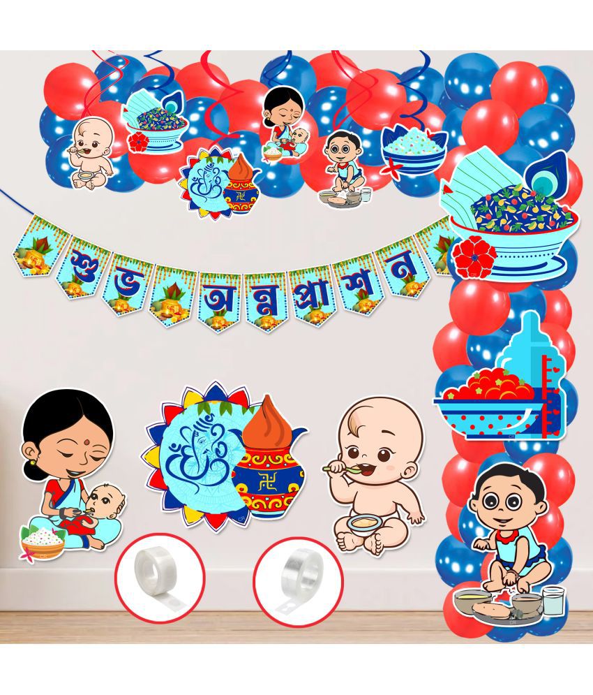     			Zyozi Blue & Red Annaprasanam Swirls Hanging with Annaprasanam Bunting Banner Bengali Font Shubh Annaprashan and Balloon,Cardstock Cutout,Rice Ceremony Items (Pack of 65)