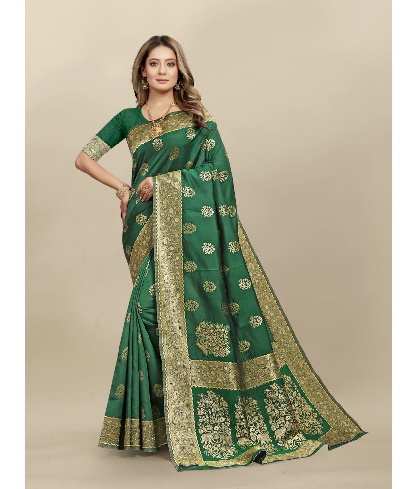     			Gazal Fashions - Green Banarasi Silk Saree With Blouse Piece ( Pack of 1 )