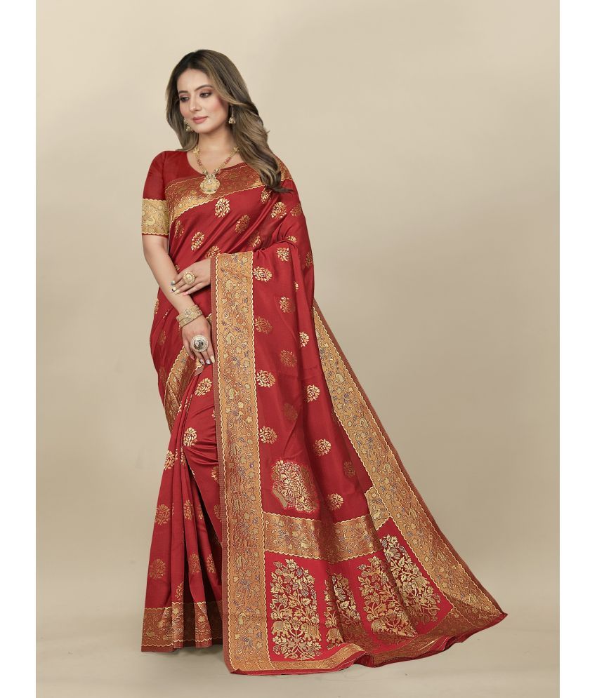     			Gazal Fashions - Red Banarasi Silk Saree With Blouse Piece ( Pack of 1 )