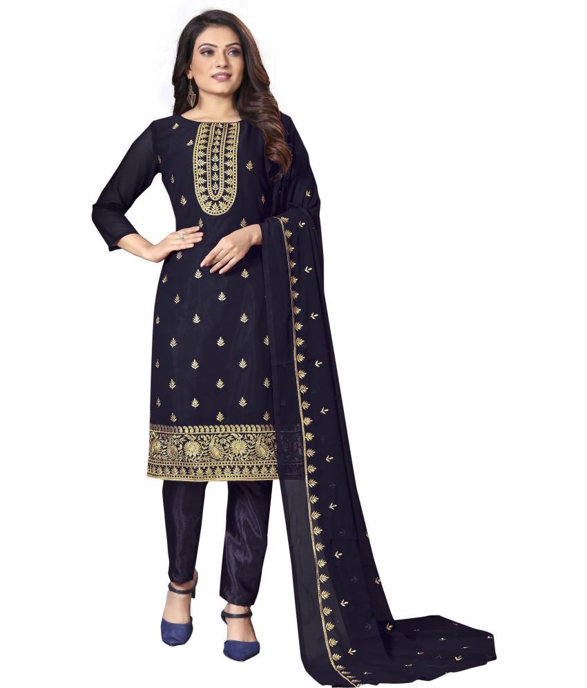     			Royal Palm - Unstitched Navy Blue Georgette Dress Material ( Pack of 1 )