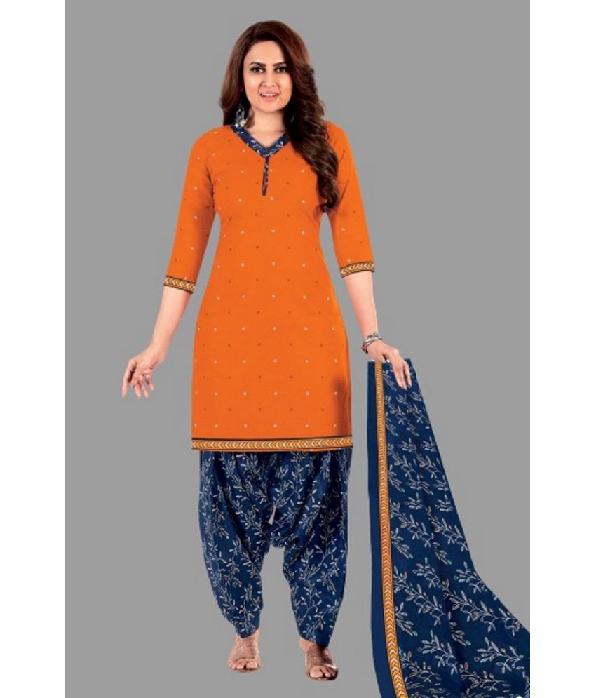    			shree jeenmata collection - Orange Straight Cotton Women's Stitched Salwar Suit ( Pack of 1 )