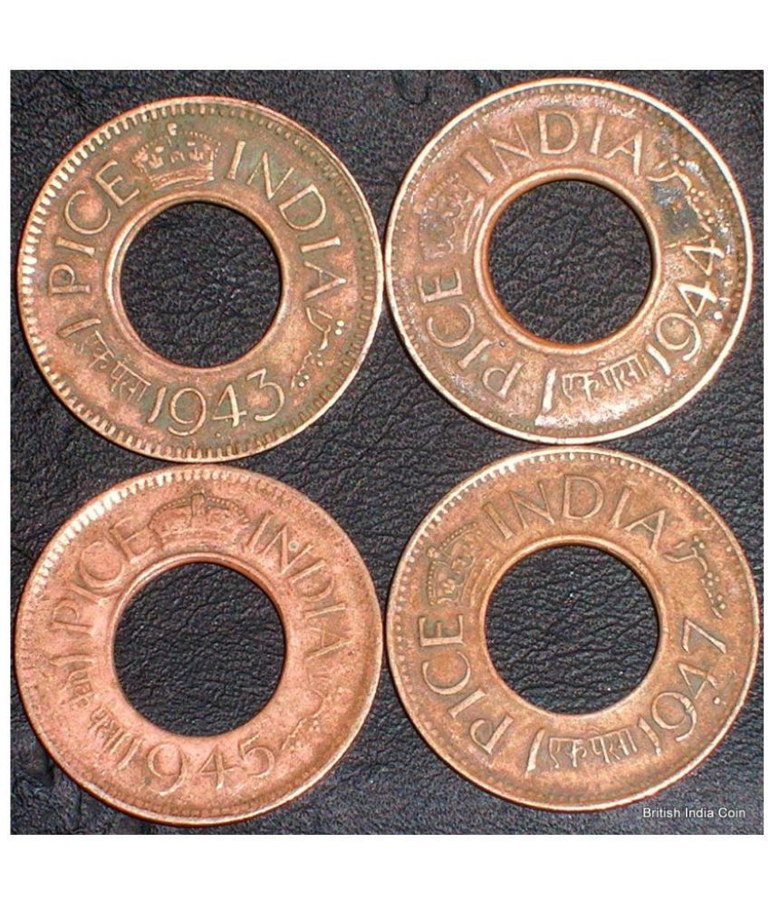     			Padmavathi Enterprises - ONE Pice Hole Copper Coin - 1943 - 1944 -1945 & 1947 One Pice - Total 4 Coins