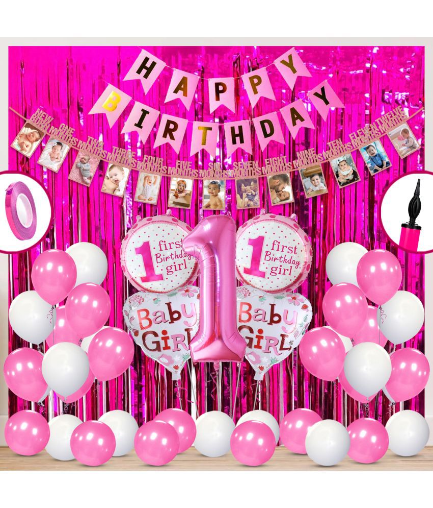    			Zyozi Birthday Decoration kit for Girls- 61 Pcs with Foil Curtain/Birthday Banner, Balloons for Kids, Baby Girl Gifts Set (Pink & White)
