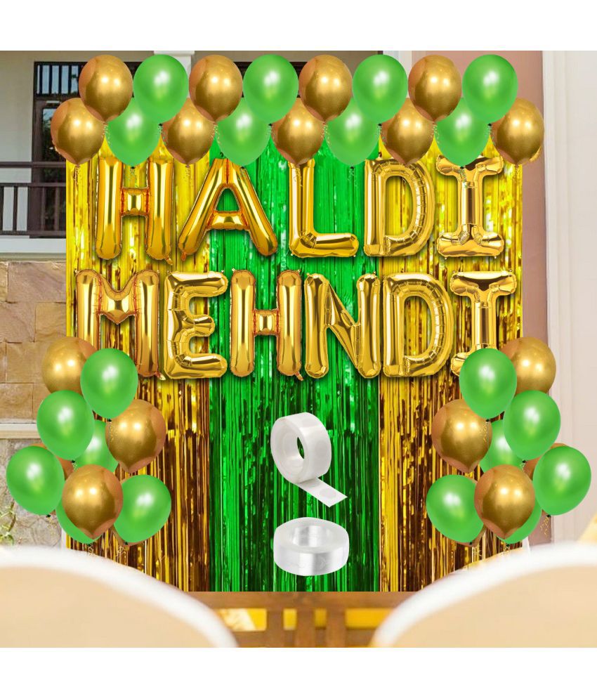     			Zyozi Haldi & Mehndi Decoration Set Foil Balloon with Metallic Balloons, Foil Curtains & Glue Dot Decorations, Marriage Wedding & Haldi Ceremony Decoration Items (Pack of 67)