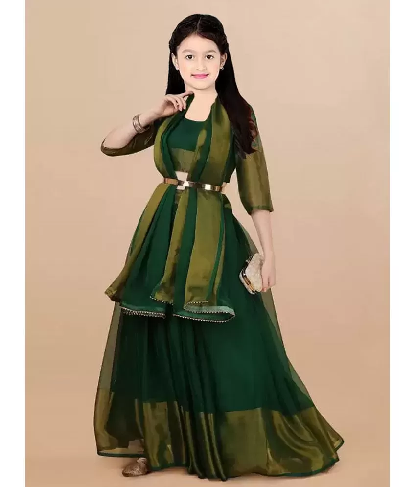 Aarika Girls Grey & Green Embellished Ready to Wear Lehenga Saree With Choli  - Absolutely Desi