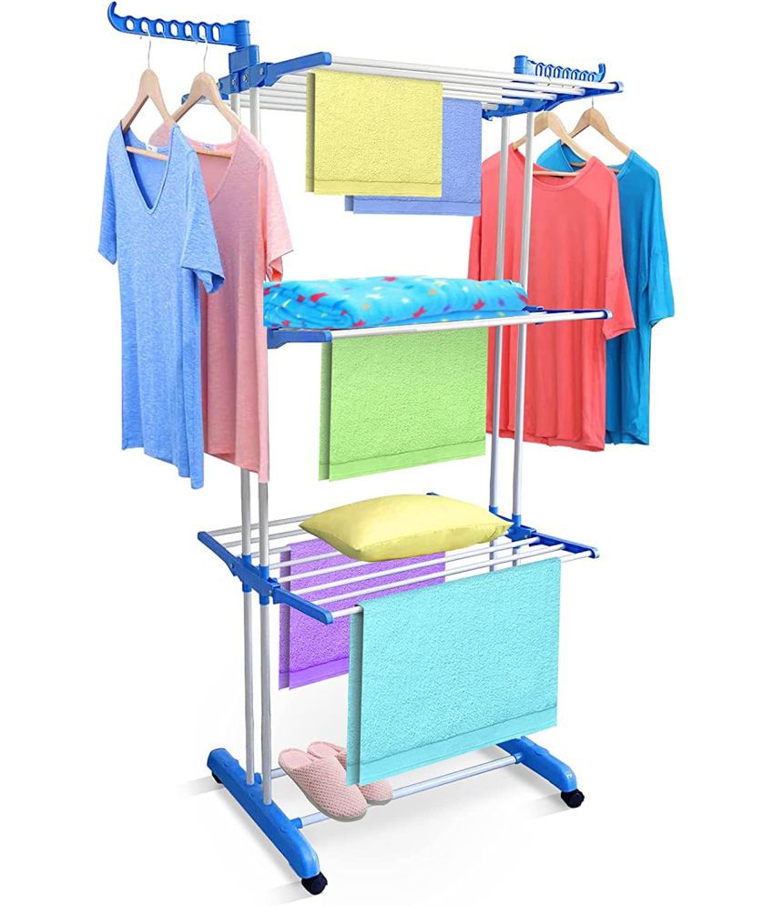     			Cloth Stand for Drying  Stainless Steel Foldable 3 Layer Clothes Drying Rack (Blue, Stainless Steel)