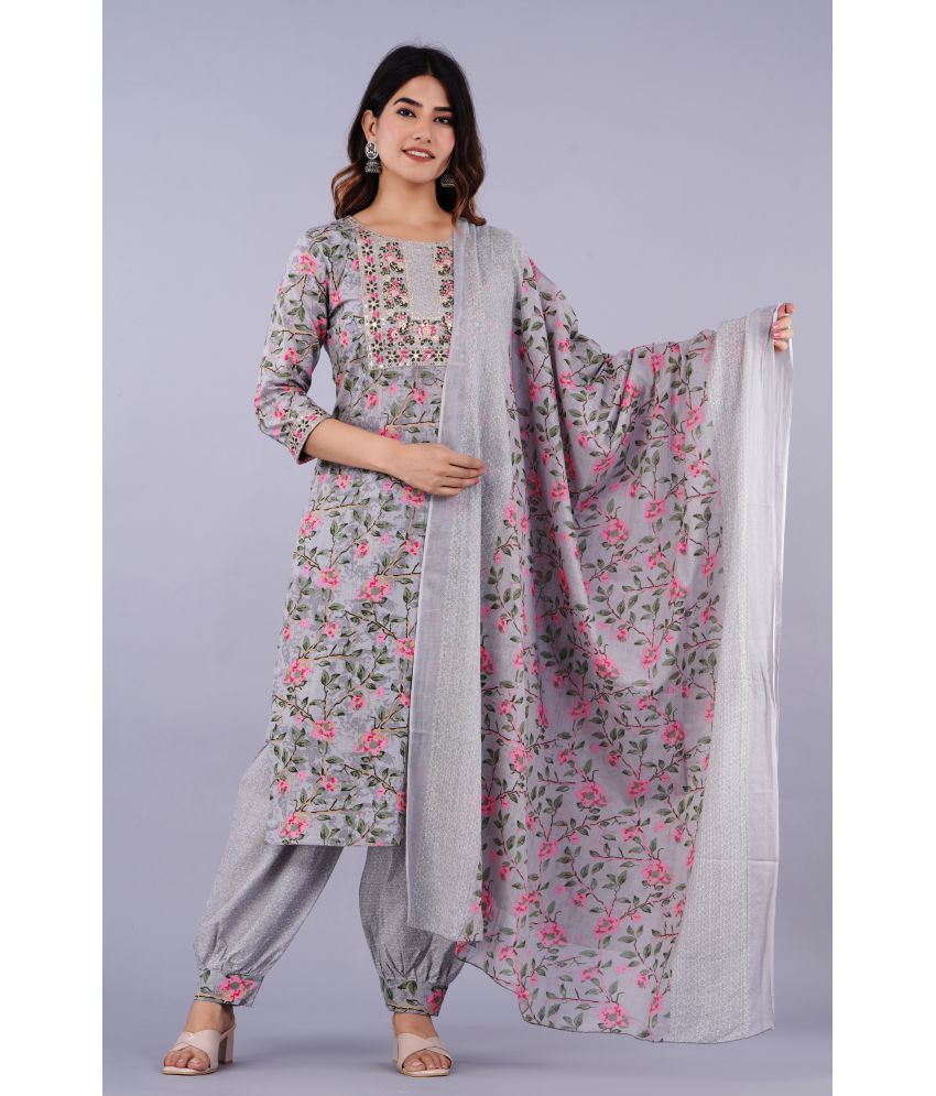     			Doriya - Grey Straight Cotton Blend Women's Stitched Salwar Suit ( Pack of 1 )