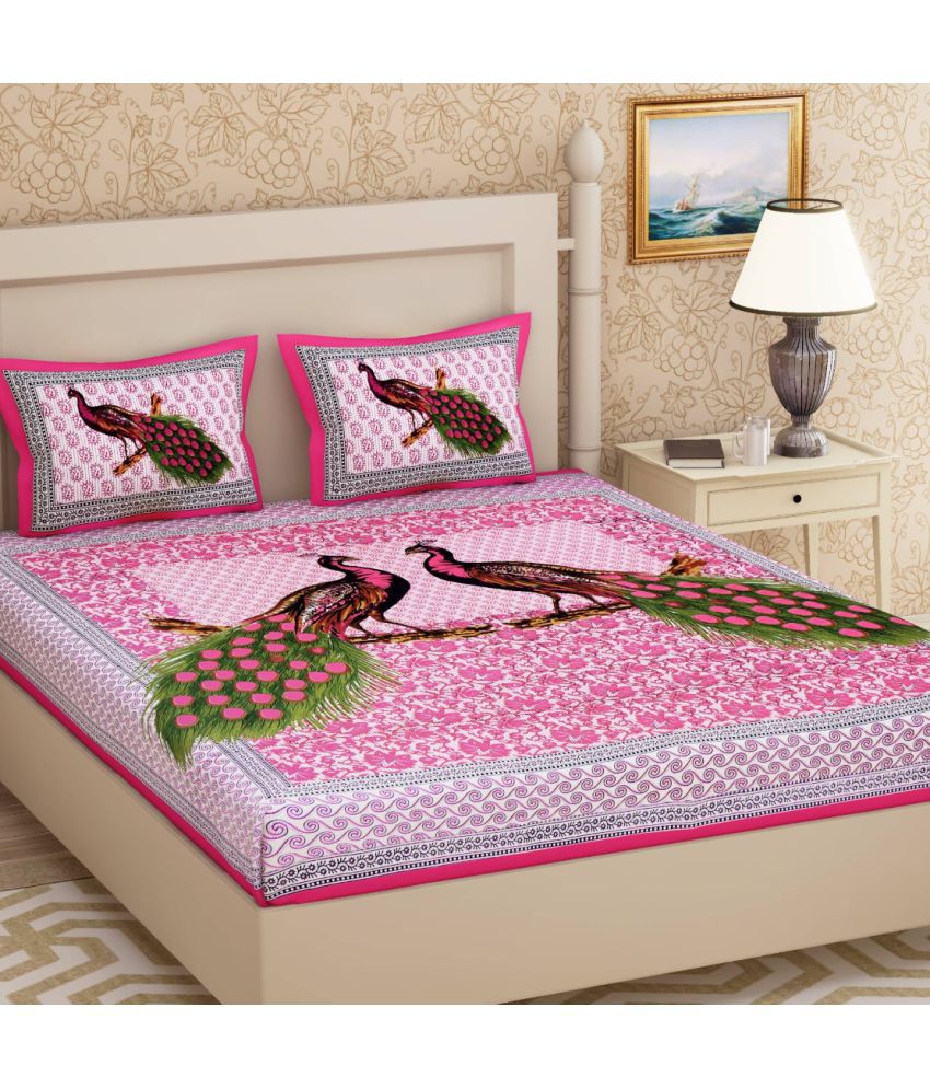 FrionKandy Living Cotton Abstract Double Bedsheet with 2 Pillow Covers - Pink