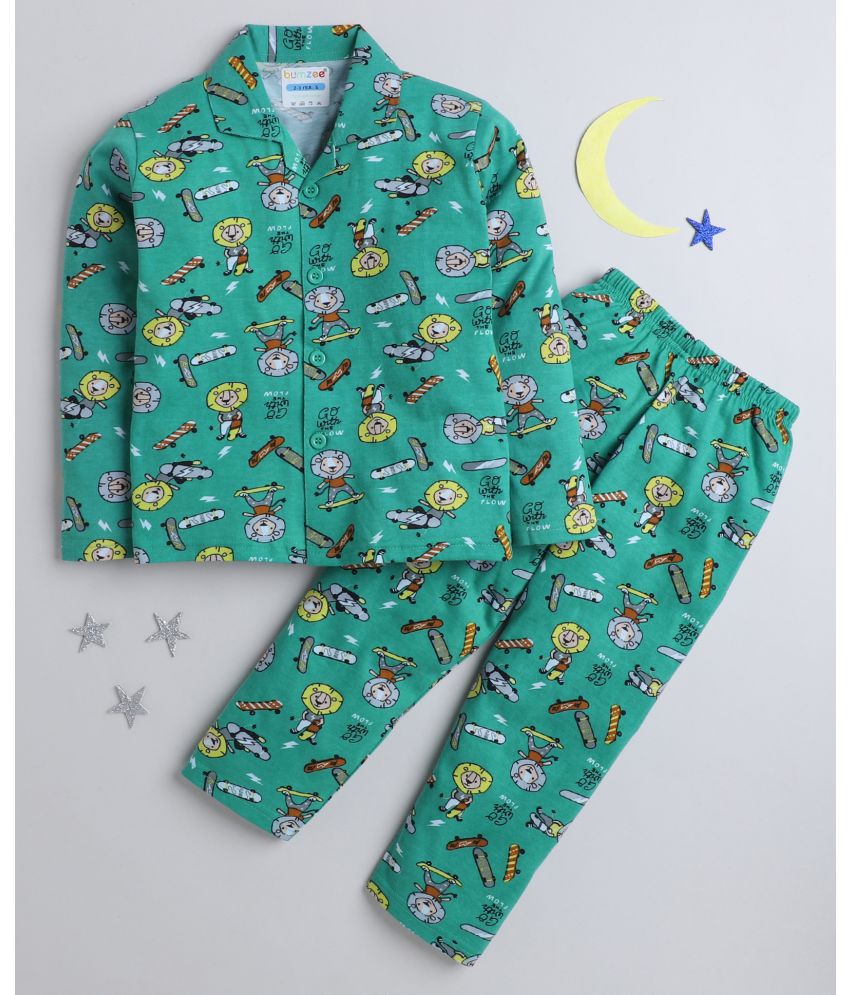 BUMZEE Green Boys Full Sleeeves Cotton Night Suit Age - 18-24 Months
