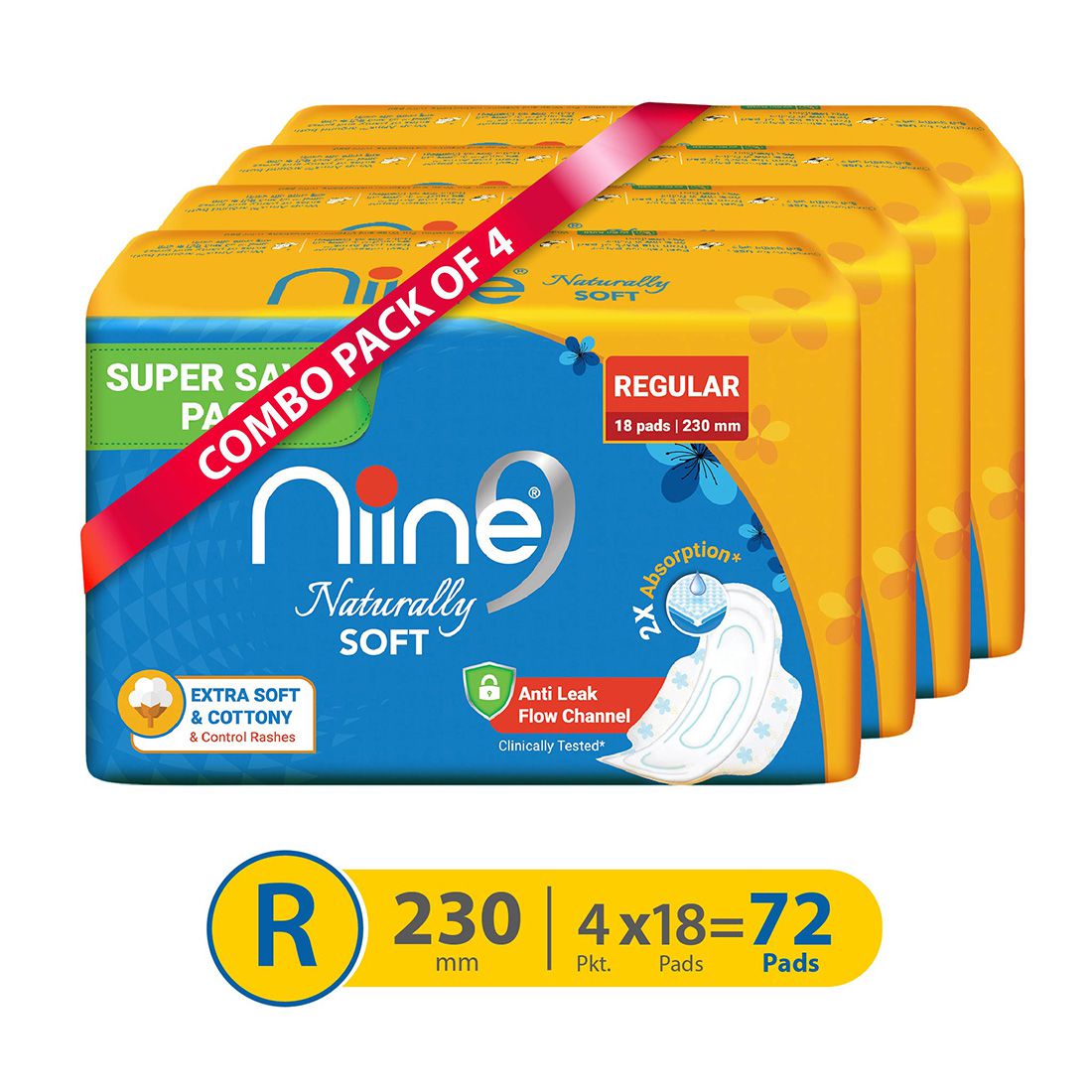     			Niine Naturally Soft Regular SUPER SAVER PACK Sanitary Napkins for women (Pack of 4) 72 Pads