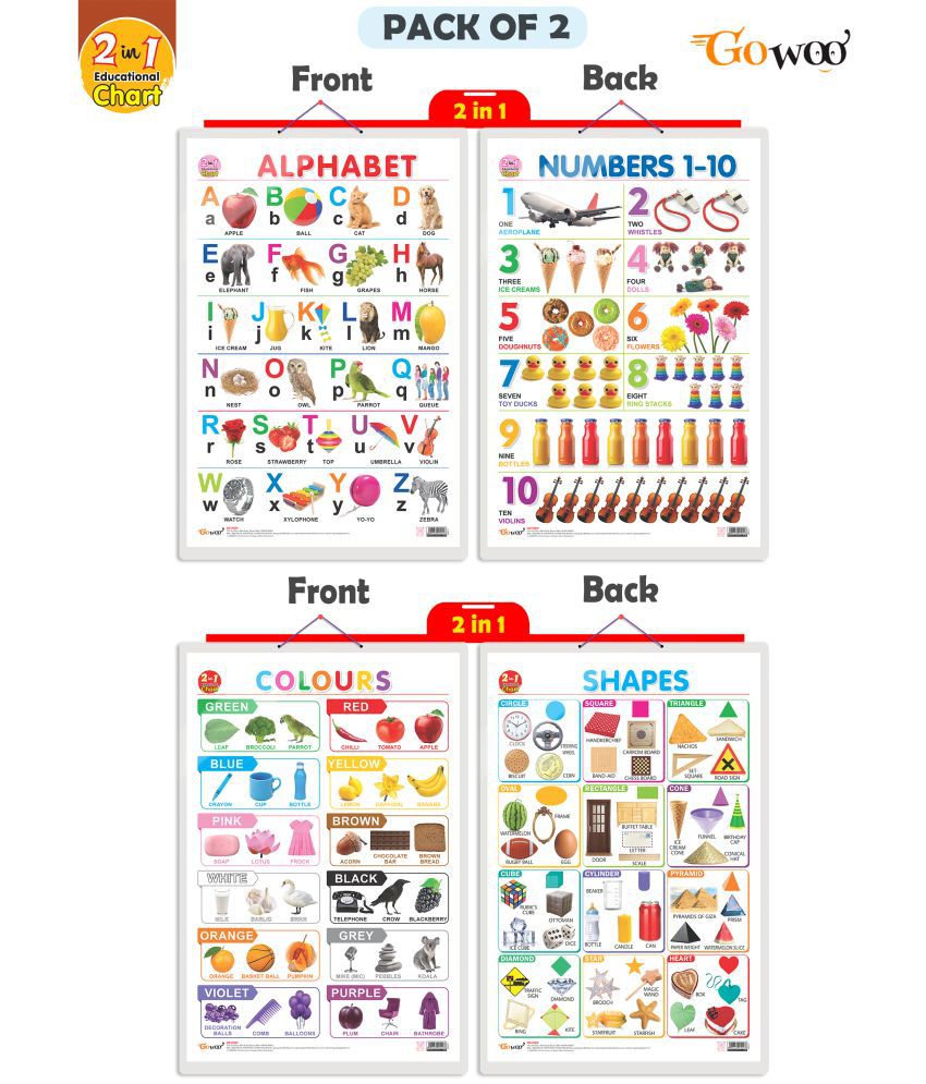     			Set of 2 | 2 IN 1 ALPHABET AND NUMBER 1-10 and 2 IN 1 COLOURS AND SHAPES Early Learning Educational Charts for Kids
