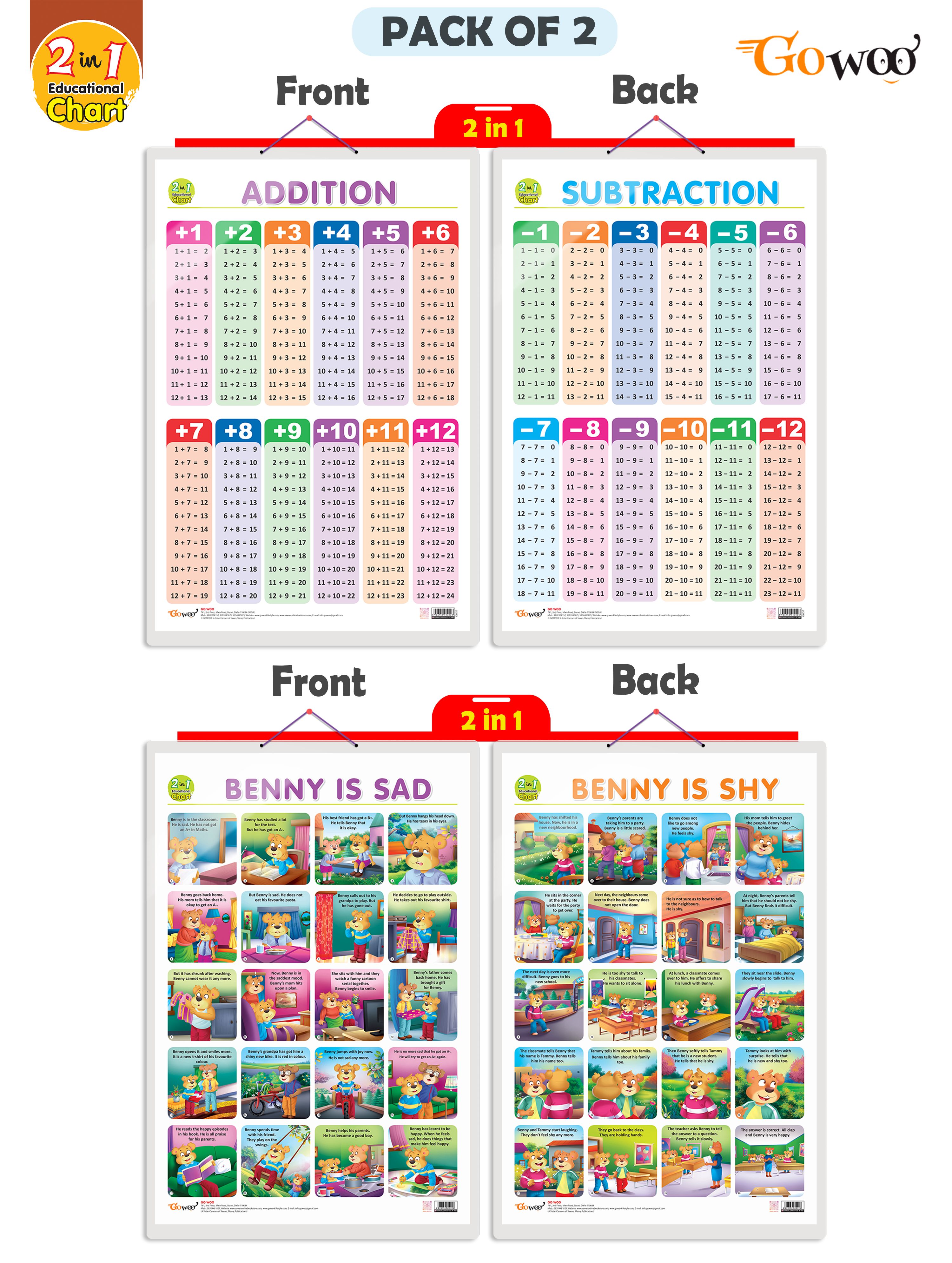     			Set of 2 |2 IN 1 ADDITION AND SUBTRACTION and 2 IN 1 BENNY IS SAD AND BENNY IS SHY Early Learning Educational Charts for Kids|