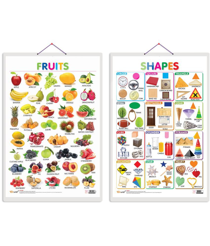     			Set of 2 Fruits and Shapes Early Learning Educational Charts for Kids | 20"X30" inch |Non-Tearable and Waterproof | Double Sided Laminated | Perfect for Homeschooling, Kindergarten and Nursery Students