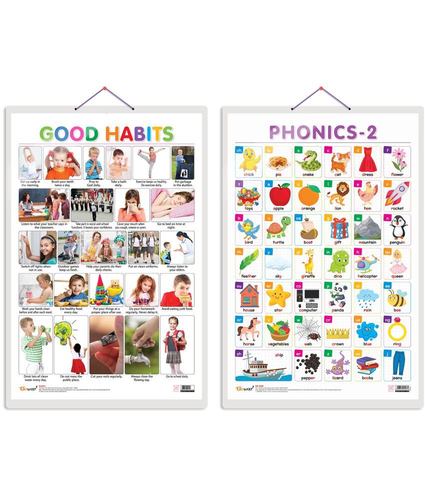    			Set of 2 Good Habits and PHONICS - 2 Early Learning Educational Charts for Kids | 20"X30" inch |Non-Tearable and Waterproof | Double Sided Laminated | Perfect for Homeschooling, Kindergarten and Nursery Students