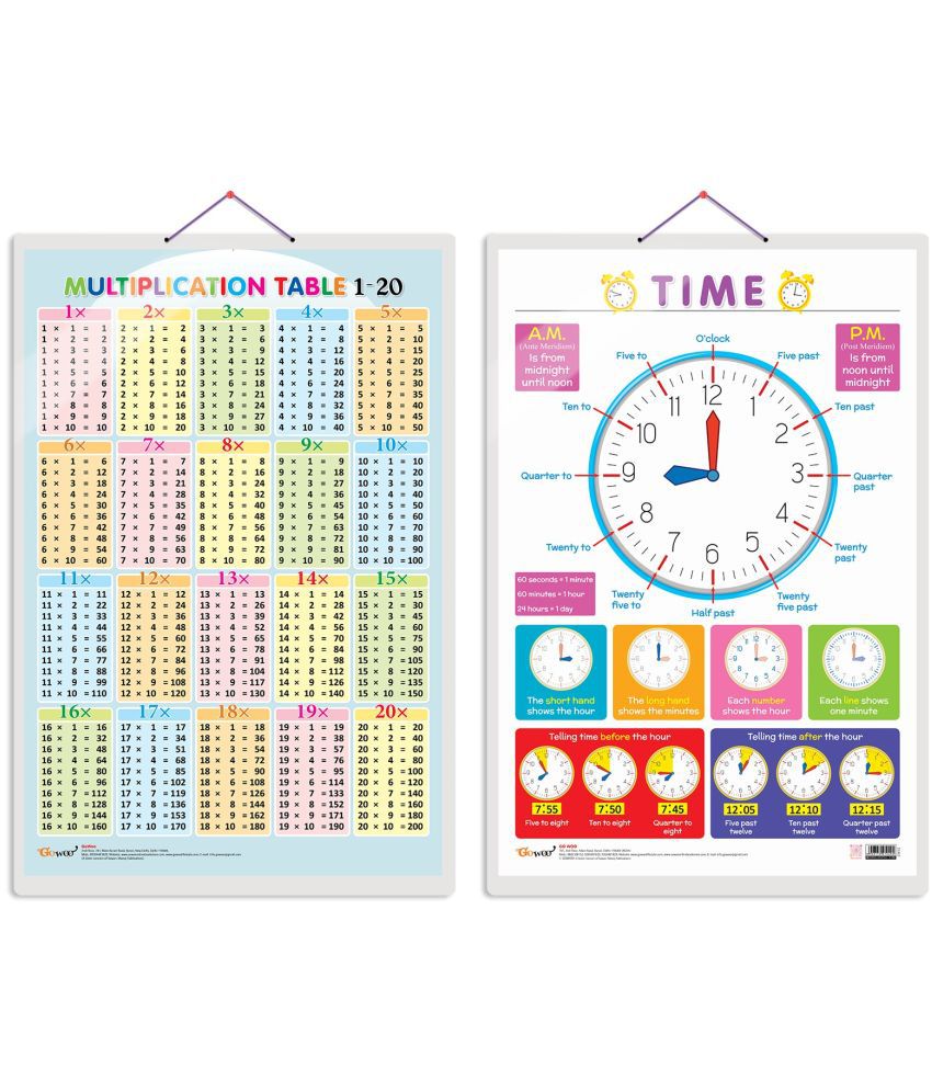     			Set of 2 Multiplication Table 1-20 and TIME Early Learning Educational Charts for Kids | 20"X30" inch |Non-Tearable and Waterproof | Double Sided Laminated | Perfect for Homeschooling, Kindergarten and Nursery Students