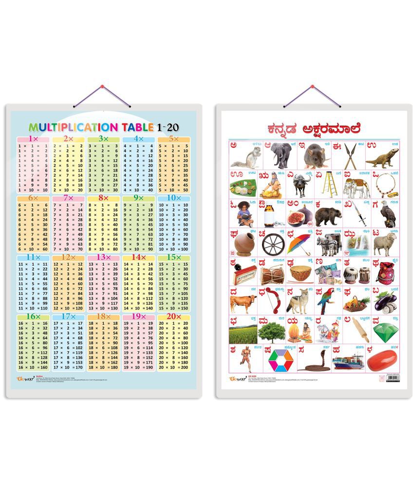     			Set of 2 Multiplication Table 1-20 and Kannada Alphabet Early Learning Educational Charts for Kids | 20"X30" inch |Non-Tearable and Waterproof | Double Sided Laminated | Perfect for Homeschooling, Kindergarten and Nursery Students