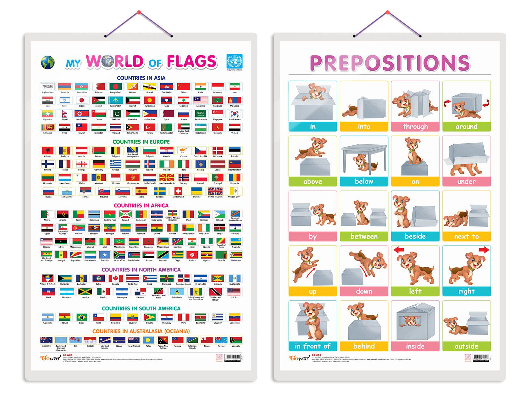     			Set of 2 My World of Flags and PREPOSITIONS Early Learning Educational Charts for Kids | 20"X30" inch |Non-Tearable and Waterproof | Double Sided Laminated | Perfect for Homeschooling, Kindergarten and Nursery Students
