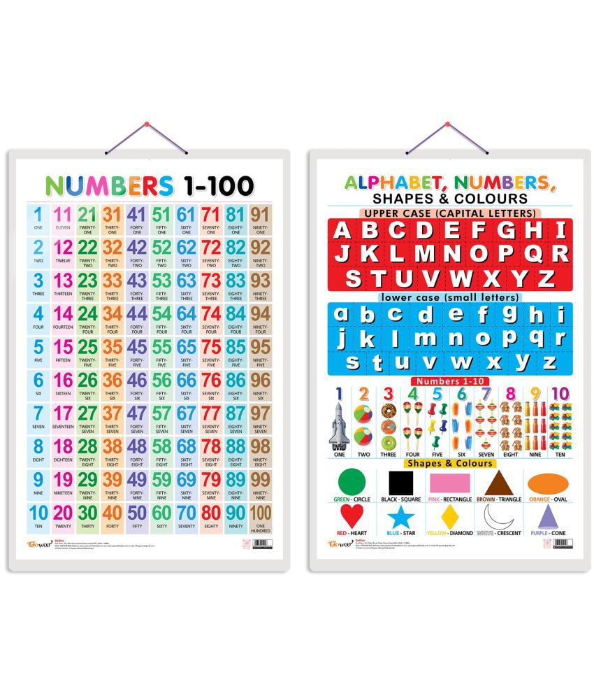     			Set of 2 Numbers 1-100 and Alphabet, Numbers, Shapes & Colours Early Learning Educational Charts for Kids | 20"X30" inch |Non-Tearable and Waterproof | Double Sided Laminated | Perfect for Homeschooling, Kindergarten and Nursery Students