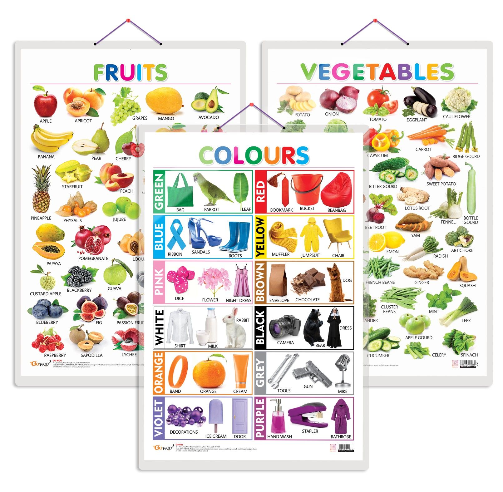     			Set of 3 Fruits, Vegetables and Colours Early Learning Educational Charts for Kids | 20"X30" inch |Non-Tearable and Waterproof | Double Sided Laminated | Perfect for Homeschooling, Kindergarten and Nursery Students