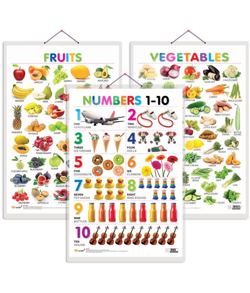     			Set of 3 Fruits, Vegetables and Numbers 1-10 Early Learning Educational Charts for Kids | 20"X30" inch |Non-Tearable and Waterproof | Double Sided Laminated | Perfect for Homeschooling, Kindergarten and Nursery Students