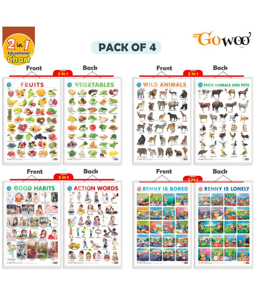     			Set of 4 |  2 IN 1 FRUITS AND VEGETABLES, 2 IN 1 WILD AND FARM ANIMALS & PETS, 2 IN 1 GOOD HABITS AND ACTION WORDS and 2 IN 1 BENNY IS BORED AND BENNY IS LONELY Early Learning Educational Charts for Kids