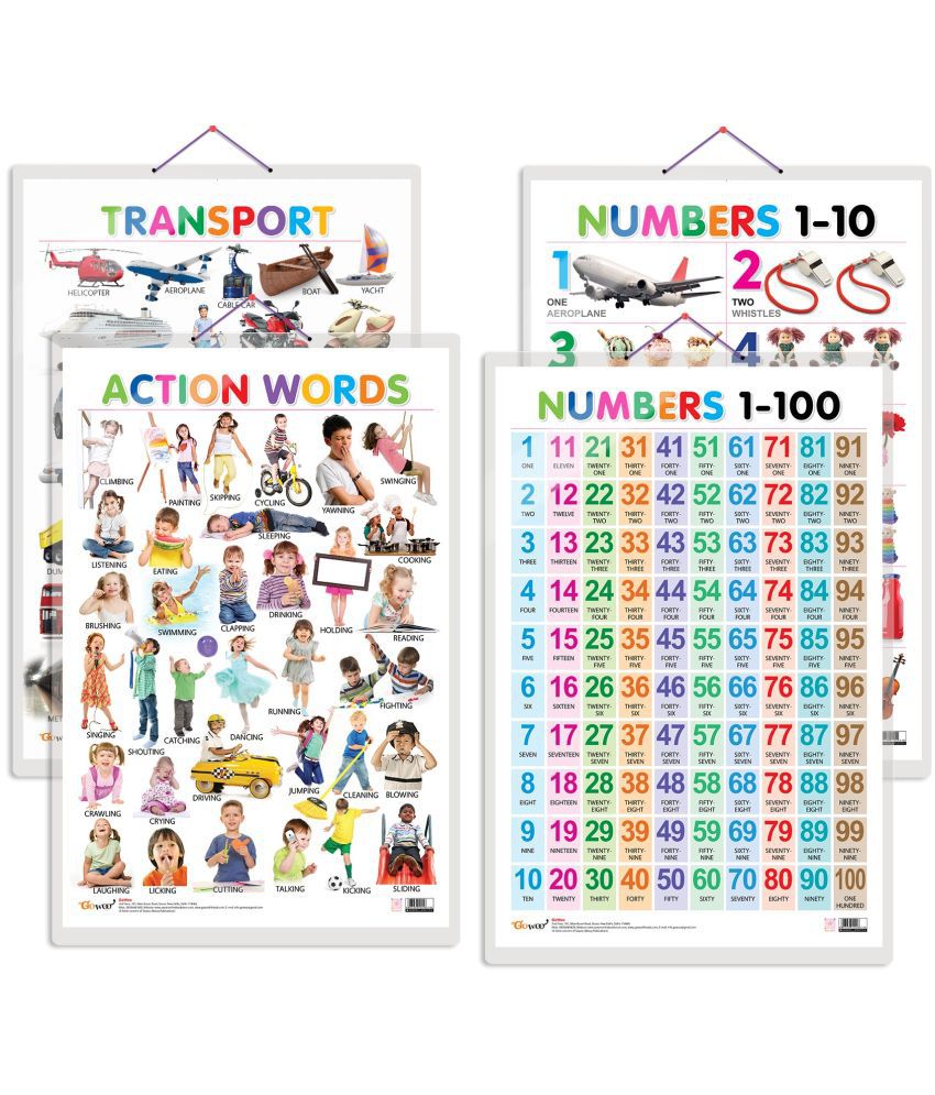     			Set of 4 Action Words, Transport, Numbers 1-10 and Numbers 1-100 Early Learning Educational Charts for Kids | 20"X30" inch |Non-Tearable and Waterproof | Double Sided Laminated | Perfect for Homeschooling, Kindergarten and Nursery Students
